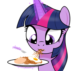 Size: 1280x1280 | Tagged: safe, artist:theuser, imported from derpibooru, twilight sparkle, pony, :3, eating, egg (food), female, food, indomie, instant noodles, magic, mare, noodles, solo, sunny-side up egg, telekinesis