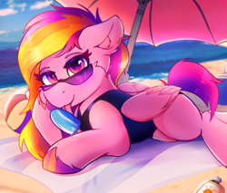 Size: 4000x3400 | Tagged: safe, artist:legionsunite, imported from derpibooru, oc, oc:velvet volt, pegasus, pony, beach, beach ball, clothes, food, looking at you, lying down, one-piece swimsuit, popsicle, sunglasses, sunscreen, swimsuit, umbrella