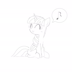 Size: 2048x2048 | Tagged: safe, artist:tiga mega, imported from derpibooru, twilight sparkle, alicorn, pony, ^^, black and white, eyes closed, female, folded wings, grayscale, horn, mare, missing cutie mark, monochrome, music notes, simple background, sitting, smiling, solo, speech bubble, twilight sparkle (alicorn), white background, wings