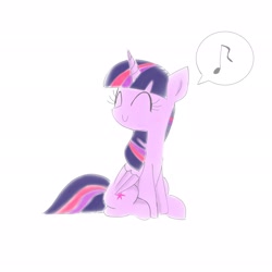 Size: 2048x2048 | Tagged: safe, artist:tiga mega, imported from derpibooru, twilight sparkle, alicorn, pony, ^^, eyes closed, female, folded wings, horn, mare, music notes, simple background, sitting, smiling, solo, speech bubble, twilight sparkle (alicorn), white background, wings