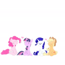 Size: 2048x2048 | Tagged: safe, artist:tiga mega, imported from derpibooru, applejack, pinkie pie, rarity, twilight sparkle, alicorn, earth pony, pony, ^^, applejack's hat, cowboy hat, eyes closed, female, folded wings, hat, heart, horn, lesbian, mare, rarijack, shipping, simple background, sitting, smiling, speech bubble, traditional art, twilight sparkle (alicorn), twinkie, white background, wings