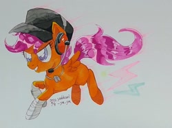 Size: 1230x921 | Tagged: safe, artist:yukkuri_yu_yu, imported from derpibooru, scootaloo, pegasus, pony, bandage, female, filly, foal, hat, scout, scoutaloo, solo, traditional art, wings