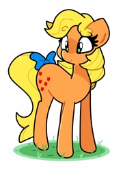 Size: 2229x3090 | Tagged: safe, artist:kindakismet, imported from derpibooru, applejack (g1), earth pony, pony, bow, cute, female, g1, g1 jackabetes, g1 to g4, g4, generation leap, grass, mare, simple background, solo, tail, tail bow, white background