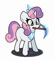 Size: 2710x3054 | Tagged: safe, artist:kindakismet, imported from derpibooru, sweetie belle, pony, unicorn, don't mine at night, blank flank, diamond, diamond pickaxe, female, filly, foal, horn, minecraft, mouth hold, pickaxe, simple background, solo, white background