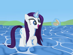 Size: 1145x860 | Tagged: safe, artist:marrsund, imported from derpibooru, rarity, pony, unicorn, female, happy, lens flare, magic, mare, ocean, pearl, scenery, water, wet, wet mane, wet mane rarity