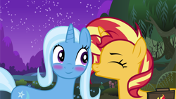 Size: 2560x1440 | Tagged: safe, edit, imported from derpibooru, sunset shimmer, trixie, pony, unicorn, equestria girls, blushing, cute, female, kissing, lesbian, mare, shipping, smiling, suntrix, vector