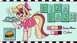 Size: 3840x2160 | Tagged: safe, artist:cowsrtasty, imported from derpibooru, oc, oc:dina bash, pony, burger, coffee, food, reference, solo, waitress