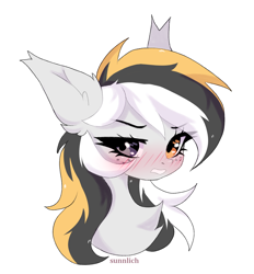 Size: 1478x1592 | Tagged: safe, artist:sunnlich, imported from derpibooru, oc, oc only, oc:storm cloud river's, pegasus, pony, blushing, bust, chest fluff, cute, ear fluff, female, freckles, heterochromia, looking at you, mare, multicolored mane, pegasus oc, portrait, simple background, solo, tsundere, white background