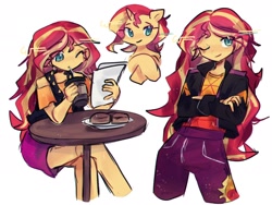 Size: 2048x1536 | Tagged: safe, artist:ulee_7, imported from derpibooru, sunset shimmer, human, pony, unicorn, equestria girls, bare shoulders, bust, clothes, crossed arms, drink, drinking, drinking straw, eye clipping through hair, female, food, horn, looking at something, mare, one eye closed, paper, plate, simple background, sitting, table, white background