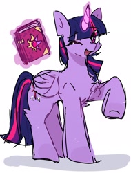 Size: 1634x2155 | Tagged: safe, artist:ulee_7, imported from derpibooru, twilight sparkle, alicorn, pony, book, eye clipping through hair, female, folded wings, horn, looking at you, magic, magic aura, mare, one eye closed, open mouth, open smile, raised hoof, simple background, smiling, smiling at you, solo, telekinesis, twilight sparkle (alicorn), white background, wings, wink, winking at you