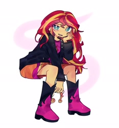 Size: 1906x2048 | Tagged: safe, artist:ulee_7, imported from derpibooru, sunset shimmer, human, equestria girls, big crown thingy, clothes, element of magic, eye clipping through hair, female, jewelry, legs, looking at you, regalia, simple background, skirt, solo, white background