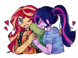 Size: 2248x1686 | Tagged: safe, artist:ulee_7, imported from derpibooru, sci-twi, sunset shimmer, twilight sparkle, bird, human, parakeet, parrot, equestria girls, bust, clothes, duo, duo female, female, glasses, heart, hug, it's not about the parakeet, lesbian, one eye closed, plushie, scitwishimmer, shipping, simple background, smiling, sunsetsparkle, white background