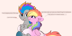 Size: 2454x1236 | Tagged: safe, artist:little-sketches, imported from derpibooru, oc, oc only, oc:aurora codec, oc:pixel codec, pegasus, pony, chest fluff, colored wings, commission, dialogue, duo, father and child, father and daughter, female, folded wings, gradient hooves, hug, male, mare, multicolored hair, pegasus oc, rainbow hair, stallion, text, wings