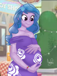 Size: 768x1024 | Tagged: safe, artist:mazakbar567, edit, imported from derpibooru, izzy moonbow, human, equestria girls, clothes, dress, equestria girls-ified, g5, g5 to equestria girls, generation leap, izzy mombow, preggy moonbow, pregnant, purple eyes, smiling, solo