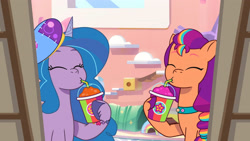 Size: 3410x1920 | Tagged: safe, imported from derpibooru, screencap, izzy moonbow, sunny starscout, earth pony, pony, unicorn, spoiler:g5, spoiler:my little pony: tell your tale, spoiler:tyts01e25, cute, drink, drinking, duo, duo female, eyes closed, female, g5, high res, izzybetes, mare, my little pony: tell your tale, pony partay, smoothie, sunnybetes, youtube link