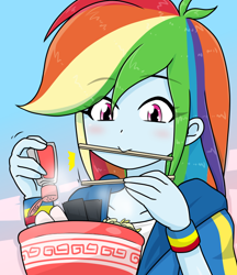 Size: 640x740 | Tagged: safe, artist:batipin, imported from derpibooru, rainbow dash, human, equestria girls, chopsticks, female, food, mouth hold, noodles, ramen, solo