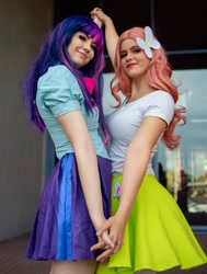 Size: 816x1080 | Tagged: safe, artist:jadechancosplay, artist:mauscosplay, imported from derpibooru, fluttershy, twilight sparkle, human, equestria girls, clothes, cosplay, costume, duo, irl, irl human, photo