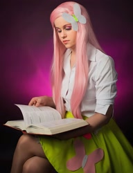 Size: 1660x2160 | Tagged: safe, artist:mauscosplay, imported from derpibooru, fluttershy, human, equestria girls, book, clothes, cosplay, costume, irl, irl human, photo, reading, solo