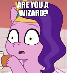 Size: 500x544 | Tagged: safe, edit, edited screencap, imported from derpibooru, screencap, pipp petals, pegasus, pony, spoiler:g5, spoiler:my little pony: tell your tale, spoiler:tyts01e25, are you a wizard, caption, cropped, female, g5, image macro, mare, meme, my little pony: tell your tale, open mouth, pinpoint eyes, pony partay, solo, text
