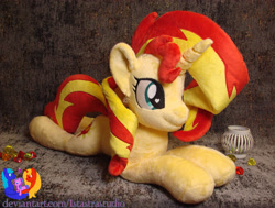 Size: 3042x2304 | Tagged: safe, artist:1stastrastudio, imported from derpibooru, sunset shimmer, pony, unicorn, equestria girls, commission, female, happy, horn, irl, lying down, mare, photo, plushie, prone, smiling, solo
