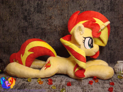 Size: 3072x2304 | Tagged: safe, artist:1stastrastudio, imported from derpibooru, sunset shimmer, pony, unicorn, equestria girls, commission, female, happy, horn, irl, lying down, mare, photo, plushie, prone, smiling, solo
