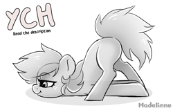 Size: 3149x2000 | Tagged: safe, artist:madelinne, imported from derpibooru, oc, oc only, pony, black and white, bored, commission, grayscale, monochrome, scootie belle, sketch, solo, your character here