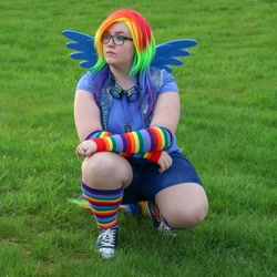 Size: 1080x1080 | Tagged: safe, artist:rattiecosplay, imported from derpibooru, rainbow dash, human, clothes, cosplay, costume, irl, irl human, multicolored hair, photo, rainbow hair, rainbow socks, socks, solo, striped socks