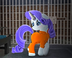 Size: 1280x1024 | Tagged: safe, artist:spellboundcanvas, imported from derpibooru, rarity, unicorn, blushing, clothes, crying, jail cell, jumpsuit, just deserts, magic suppression, prison, prison outfit, prisoner, prisoner ry, solo