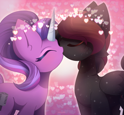Size: 2250x2100 | Tagged: safe, artist:miryelis, imported from derpibooru, oc, oc only, pegasus, pony, unicorn, blushing, commission, couple, eyes closed, heart, horn, kissing, not starlight glimmer, short hair, simple background, standing, wings