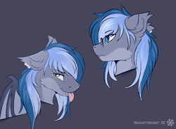 Size: 2600x1900 | Tagged: safe, artist:snowstormbat, imported from derpibooru, oc, oc only, oc:midnight snowstorm, bat pony, pony, bat pony oc, bat wings, bust, ear piercing, ear tufts, earring, fangs, glasses, heterochromia, jewelry, male, piercing, portrait, simple background, smiling, solo, stallion, tongue out, wings