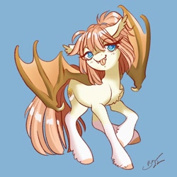 Size: 2400x2400 | Tagged: safe, artist:opalacorn, imported from derpibooru, oc, oc only, oc:honey milk, bat pony, pony, bat pony oc, cute, cute little fangs, eyelashes, fangs, female, looking at you, mare, signature, simple background, solo, spread wings, tongue out, wings