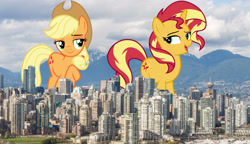 Size: 2600x1500 | Tagged: safe, artist:cloudy glow, artist:famousmari5, artist:theotterpony, imported from derpibooru, applejack, sunset shimmer, earth pony, pony, unicorn, equestria girls, applejack's hat, building, canada, city, cloud, cowboy hat, duo, female, freckles, giant pony, giant unicorn, giant/macro earth pony, giant/macro sunset shimmer, giantess, hat, high res, highrise ponies, irl, macro, mare, mega applejack, mega giant, open mouth, photo, ponies in real life, skyscraper, stetson, story in the source, story included, vancouver