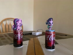 Size: 4032x3024 | Tagged: safe, imported from derpibooru, starlight glimmer, apple (company), chibi, coca-cola, computer, cute, cutie mark crew, glimmerbetes, irl, kwistal fwendz, laptop computer, mcdonald's happy meal toys, merchandise, mighty jaxx, mouth hold, namesake, photo, pun, self paradox, self ponidox, starlight coca-cola, toy, visual pun
