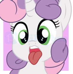 Size: 5136x5208 | Tagged: safe, alternate version, artist:milkyboo898, imported from derpibooru, sweetie belle, pony, unicorn, female, filly, filly pred, foal, implied vore, oral invitation, solo, sweetiepred, tongue out