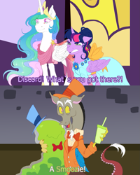 Size: 1105x1382 | Tagged: safe, artist:grob-ert, imported from derpibooru, discord, princess celestia, smooze, twilight sparkle, alicorn, draconequus, goo, pony, make new friends but keep discord, clothes, comic, crown, dress, engrish, gala, gala dress, icarly, jewelry, meme, pun, regalia, twilight sparkle (alicorn), whatcha got there?