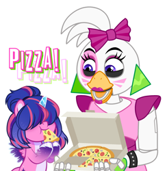 Size: 2000x2050 | Tagged: safe, artist:lunxaiponi, imported from derpibooru, oc, oc:estella sparkle, alicorn, bird, chicken, pony, alicorn oc, animatronic, bow, broken horn, chica, commission, crossover, duo, ear piercing, earring, eating, female, five nights at freddy's, five nights at freddy's: security breach, food, hair bow, hair over eyes, horn, jewelry, mare, markings, multicolored hair, offspring, parent:flash sentry, parent:twilight sparkle, parents:flashlight, piercing, pizza, pizza box, simple background, spiked wristband, unshorn fetlocks, white background, wings, wristband, ych result