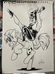 Size: 1536x2048 | Tagged: safe, artist:andypriceart, imported from derpibooru, dj pon-3, vinyl scratch, human, pony, unicorn, dc comics, female, harley quinn, mare, traditional art