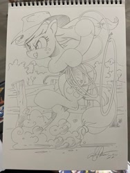 Size: 1536x2048 | Tagged: safe, artist:andypriceart, imported from derpibooru, applejack, earth pony, pony, :p, cowboy hat, female, fence, grayscale, hat, hoof hold, lasso, mare, monochrome, pencil drawing, rope, solo, tongue out, traditional art