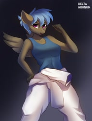 Size: 1890x2480 | Tagged: safe, artist:delta hronum, imported from derpibooru, oc, oc only, anthro, pegasus, clothes, commission, female, looking at you, shirt, solo, spread wings, undershirt, wings