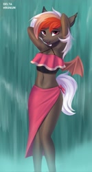 Size: 1095x2048 | Tagged: safe, artist:delta hronum, imported from derpibooru, oc, oc only, oc:amaryllis, anthro, bat pony, bat wings, clothes, fangs, female, looking at you, open mouth, showering, solo, swimsuit, water, waterfall, waterfall shower, wings
