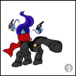 Size: 4000x4000 | Tagged: safe, artist:dice-warwick, imported from derpibooru, oc, oc only, oc:cold iron, dullahan, undead, fallout equestria, fallout equestria: dance of the orthrus, armor, black underwear, clothes, disembodied head, fanfic art, gun, handgun, headless, mirage pony, revolver, scarf, simple background, solo, transparent background, underwear