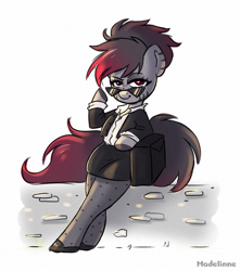 Size: 2420x2740 | Tagged: safe, artist:madelinne, imported from derpibooru, oc, oc only, oc:madelinne, earth pony, semi-anthro, bipedal, bipedal leaning, button-up shirt, clothes, crossed legs, dress shirt, female, leaning, lidded eyes, looking at you, pantyhose, raised eyebrow, shirt, shoes, simple background, skirt, solo, stone wall, sunglasses, white background