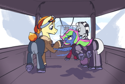 Size: 1500x1000 | Tagged: safe, artist:storyteller, imported from derpibooru, oc, oc:iin, oc:omelette, oc:rowdy spout, earth pony, pegasus, zebra, boots, clothes, goggles, jacket, mountain, open mouth, ponytail, shoes, smiling, snow, vehicle, winter outfit