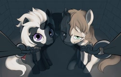 Size: 1986x1275 | Tagged: safe, artist:dotkwa, imported from derpibooru, oc, oc only, oc:s.leech, earth pony, pony, unicorn, cell, chains, collar, female, horn, lidded eyes, looking at you, mare, pet, pony pet, scar, sitting, slave, slavery, smiling