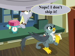 Size: 864x648 | Tagged: safe, edit, edited screencap, imported from derpibooru, screencap, derpy hooves, gabby, griffon, pegasus, pony, dragon dropped, cropped, envelope, mailmare uniform, parcel, post office, pun, reaction image, scale, speech, speech bubble, talking