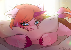 Size: 3508x2480 | Tagged: safe, artist:sinrinf, imported from derpibooru, oc, pony, unicorn, commission, cute, hug, morning ponies, pillow, pillow hug, solo, sunlight, ych result, your character here