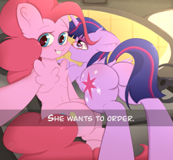 Size: 1663x1536 | Tagged: safe, artist:eventseem, imported from derpibooru, pinkie pie, twilight sparkle, alicorn, earth pony, pony, blushing, butt, butt blush, car, car interior, chest fluff, dock, duo, duo female, female, floppy ears, glasses, he wants to order, lesbian, looking at you, mare, meme, plot, selfie, shipping, tail, text, twibutt, twilight sparkle (alicorn), twinkie