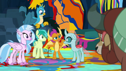 Size: 1278x719 | Tagged: safe, imported from derpibooru, screencap, gallus, ocellus, sandbar, silverstream, smolder, yona, changedling, changeling, classical hippogriff, dragon, earth pony, griffon, hippogriff, pony, yak, uprooted, student six