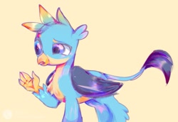 Size: 1057x728 | Tagged: safe, artist:lanlanlc, imported from derpibooru, gallus, griffon, colorful, lidded eyes, male, simple background, solo, yellow background
