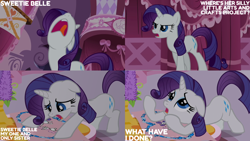 Size: 4400x2475 | Tagged: safe, edit, edited screencap, editor:quoterific, imported from derpibooru, screencap, rarity, sweetie belle, pony, unicorn, season 2, sisterhooves social, despair, drawing, eyeshadow, female, implied sweetie belle, makeup, mare, nose in the air, open mouth, sad, solo